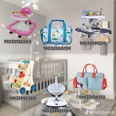 various baby products are displayed in this advertisement for children's toys, including strollers and cribs