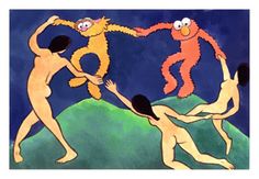 an image of three naked people dancing with monkeys on their backs and hands in the air