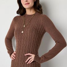 Give your fall and winter wardrobe an effortlessly stylish new piece with this Studio 1 women's cable-knit sweater dress. This fitted knee-length dress has long sleeves and a mock neck - wear it with boots and a coat.Closure Type: Pullover HeadNeckline: Mock NeckSleeve Length: Long SleeveSleeve Style: Fitted SleeveApparel Length: 38 InchesDress Length: Knee LengthFiber Content: 50% Rayon, 28% Polyester, 22% NylonFabric Description: Cable KnitCare: Machine Wash, Dry FlatMaterial: Rayon BlendCount Sweater Dress Brown, Fitted Knee Length Dress, Cable Knit Sweater Womens, Cable Knit Sweater Dress, Medium Dresses, Dress Sweater, Sweater Dresses, Knit Sweater Dress, Small Dress