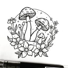 a black and white drawing of mushrooms with flowers