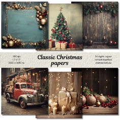 four christmas photos with different styles and colors, including an old truck in front of a christmas tree