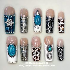 Bring out your inner Cowgirl with this beautiful set! Western theme with chrome bull heads, turquoise jewelry and cowprint!  Inspired by western belt buckle and leather designs.    These are  Hand painted soft gel press on nails. Each kit comes complete with 10 nails, buffer, file, alcohol wipe, wooden cuticle pusher, nail glue and sticky tabs.  Custom colors can be requested but are made to order and may have a longer processing time. *all press ons come pre-etched on the inside of the tip for better adhesion to your natural nails* variations may occur depending on length and/or shape. No two sets are completely alike. Nails can be reused if they are removed with care . All sets are limited edition while supplies last. Horseshoe Nails Design, Nail Art Designs Western, Cow Skull Nails, Western Nail Art Turquoise, Western Nails Turquoise, Yallternative Nails, Western French Tip Nails, Country Themed Nails, Western Almond Nails