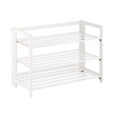 a white shoe rack with two shelves on each side and one shelf below the top