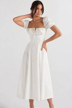 White Dresses Confirmation, Midi Grad Dress, White Day Dress, White Fitted Dress For Garden Party, White Dress With Gathered Neckline For Garden Party, White Fitted Dress With Gathered Neckline, White Fitted Midi Dress With Puff Sleeves, Fitted White Midi Dress With Puff Sleeves, Fitted Midi Dress For Garden Party Brunch