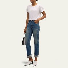 MOUSSY VINTAGE "Hopewell" jeans featuring a cuffed hem in faded dark-wash denim  Approx. 10.6" rise; 26.9" inseam Mid-rise; sits high on the hip Five-pocket style Straight legs Ankle length Button/zip fly; belt loops Cotton Machine wash cold, line dry Imported Luxury Tapered Mid-rise Jeans, Relaxed Fit Mid-rise Jeans With Button Closure, Moussy Vintage Jeans, Vintage Non-stretch Cotton Jeans, Vintage Indigo Rigid Denim Jeans, Travel Scarf, Cuffed Jeans, Evening Flats, Evening Jackets