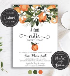 an orange themed baby shower is on the way, and it's ready to be printed