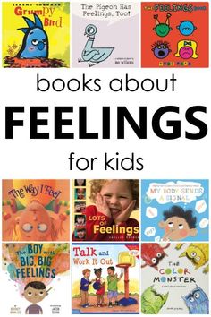 children's books about feelings for kids with the title overlaying them in black and