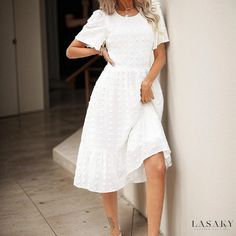 Lasaky - Solid Color Short Sleeve Wrap Dress White Midi Dress Casual, Dress Collar, Maxi Dresses Fall, Basic Skirt, Long Bodycon Dress, White Midi, Belted Shorts, Linen Maxi Dress, Bodycon Dress Parties