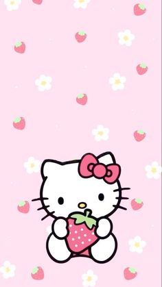 a hello kitty wallpaper with strawberrys and daisies on it's pink background