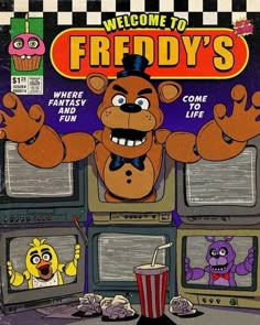 a cartoon character is standing in front of tvs with their arms out and the words frendy's written on them