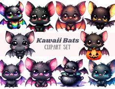 cute kawaia bats clipart set