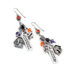 "These fun Halloween Earrings of Sleepy Hollow are 2\" long and have a sterling silver pumpkin, 3 Sparkling crystals of jet black, purple velvet, fire orange, with a engraved charm or Sleepy Hollow and Ichabod Crane, plus a school house.  These are earrings to wear all the time and great for sensitive ears, due to the surgical steel ear wires. * Guaranteed to never turn color, handcrafted in stainless steel, USA cast non tarnish silver and sterling silver setting. * These earrings are on the ave Halloween Sterling Silver Dangle Earrings, Halloween Dangle Pierced Earrings, Sterling Silver Dangle Earrings With Charms, Black Jewelry With Dangling Charms For Gift, Halloween Sterling Silver Dangle Jewelry, Sterling Silver Dangle Jewelry For Halloween, Black Dangle Jewelry With Charms, Halloween Dangle Earrings, Fun Halloween Earrings