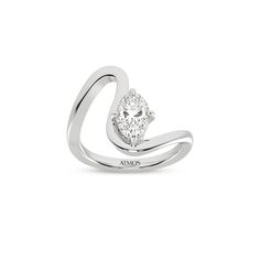 a white gold ring with an oval shaped diamond in the center and two curved bands around it