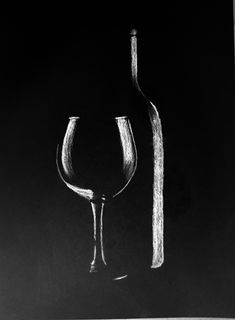 a drawing of a wine glass and bottle on a black background with white chalk crayons