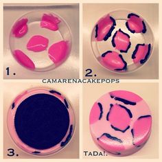 four pictures showing how to make a cake with pink icing and black fondant