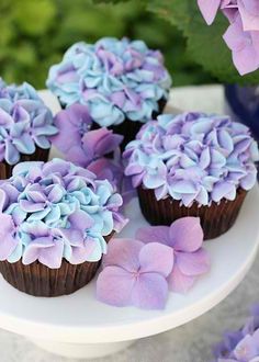 cupcakes decorated with purple and blue frosting on a white plate next to flowers