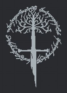 a cross and tree in the middle of a circle