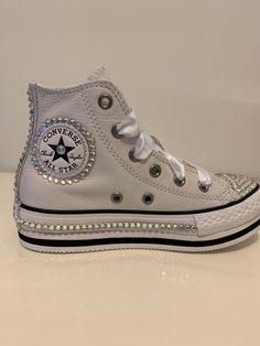 Kids converse high tops adorned with silver Swarovski Crystals, can be customized by color names numbers Silver High-top Sneakers With Bling, Silver High-top Sneakers With Rhinestones, 2000s Girls, Converse Style Women, Bedazzled Shoes, Bling Converse, Converse High Top, Short Hills, Converse Style