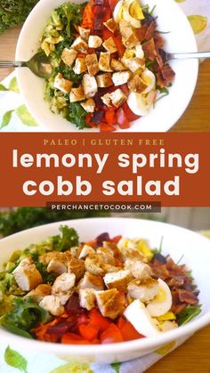 two plates filled with different types of food and the words lemony spring cobb salad