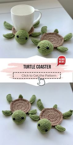 two crocheted turtle coasters sitting on top of a table next to a coffee cup