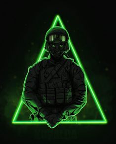 a soldier wearing a helmet and goggles standing in front of a neon triangle