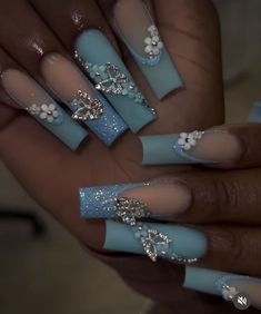 Quinceanera Nails Dark Blue, Mikela Core, Cinderella Theme Nails, Coffin Shape Nails Long, Quince Nails Blue, Blue Quinceanera Nails, Light Blue Quince Nails, Blue Crystal Nails, Spring Beach Nails