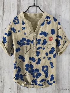 Lasaky - Fashionable Casual St. Barth Printed Shirt for a Beach Vacation Lino Art, Grid Print, Japan Design, Printed Jumpsuit, Stand Collar, Beach Vacation, Cherry Blossom, Linen Blend, Printed Shirts