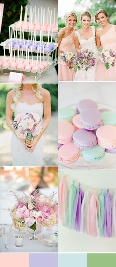 a collage of photos with different colors and flowers on them, including pinks, green