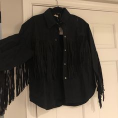 Adorable Heavier Black Denim Jacket With Fringe Size M Black Fringe Long Sleeve Outerwear, Black Fringe Outerwear For Fall, Black Fringe Outerwear, Black Denim Outerwear With Frayed Hem, Casual Black Outerwear With Frayed Hem, Black Long Sleeve Denim Jacket For Fall, Black Denim Jacket For Workwear In Fall, Fall Cotton Outerwear With Fringe, Fall Cotton Fringe Outerwear