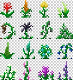 pixelated flowers are shown in different colors and shapes, including one with green leaves