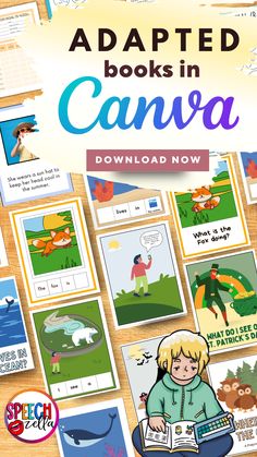 the book cover for adapted books in canva, with pictures of children and animals