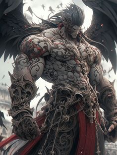 a demonic looking man with wings and chains on his chest, standing in front of a castle