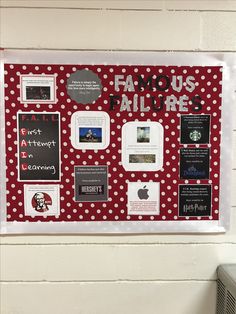 a bulletin board that has various items on it and is decorated with red polka dots