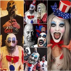 several photos of clowns with different facial expressions and haircuts, including an american flag hat