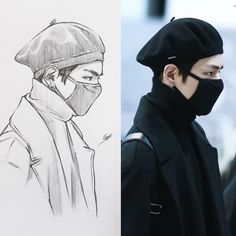 a drawing of a man wearing a face mask next to a drawing of a man in a black coat