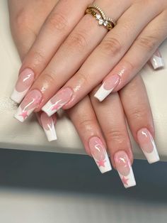 Pink Star French Tip Nails, Star Nails With French Tip, Star Nails Pink, French Tip With Stars, Nails Square Long, Pink French Nails, August Nails, Grunge Nails