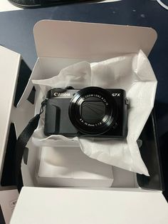 a camera sitting in a box on top of a table