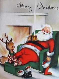 a christmas card with santa and reindeers sitting on a green chair in front of a fireplace