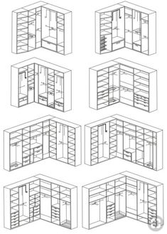 six drawings showing the different parts of a kitchen cabinet, including shelves and cupboards