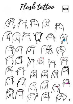 a bunch of cartoon faces drawn in different styles and colors, with the words flash tattoo on