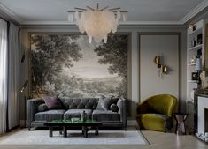 a living room filled with furniture and a large painting on the wall behind it's glass coffee table