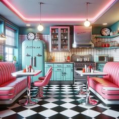 a kitchen with checkered flooring and pink chairs in the center, blue cabinets