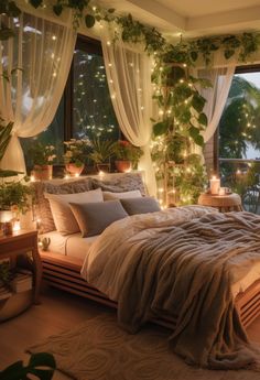 a bedroom with plants and lights on the windows sill, bed in foreground