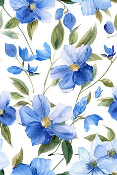 blue flowers and green leaves on a white background