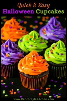 colorful cupcakes with icing and sprinkles in the background text reads quick & easy halloween cupcakes