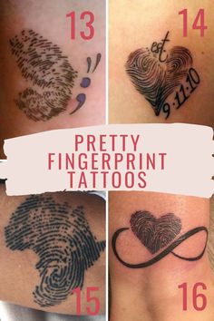 four different tattoos with the words pretty fingerprint tattoos written on them and an image of a heart