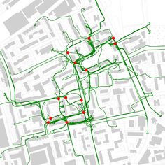 a map with red dots on it and green lines in the middle