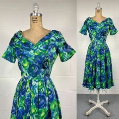 Vintage 50s Green Blue Satin Floral Portrait Collar Fit And Flare Party Dress 6 | eBay Floral Portrait, Rose Applique, Cabbage Rose, Rockabilly Dress, Cocktail Party Dress, 50s Fashion, Size 6 Dress, Blue Satin, Blue Abstract