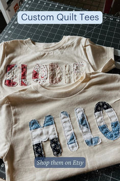 What could make custom kids tees even cuter?  Crafting them out of vintage quilt blocks!  We love these from Etsy seller TeachersStitchery. Letter Tshirt, Vintage Quilt Blocks, Upcycled Quilt, Princesa Charlotte, Thrift Flips, Costura Fashion, Kids Tees, Thrift Flip, Custom Kids