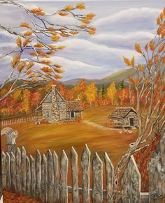 a painting of an old farm in the fall